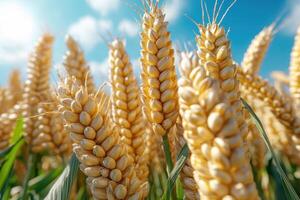Wheat is growing in a field with blue sky photo