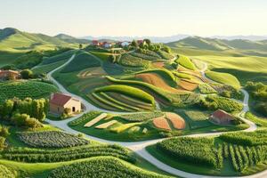 An aerial view of a farm and a road photo