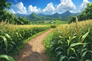 A path leading to a corn field and mountains photo