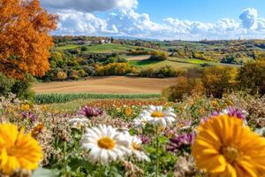 Autumn landscape with colorful flowers and fields photo