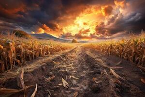 A field with dirt and corn under a dramatic sky photo