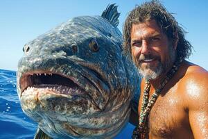 A man with a beard and shirt is holding a big fish photo