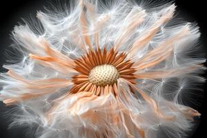 A dandelion with white and pink feathers photo