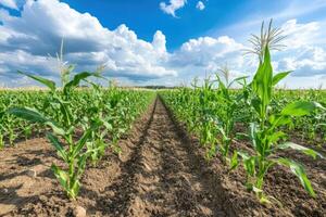 Corn field with dirt and plants photo
