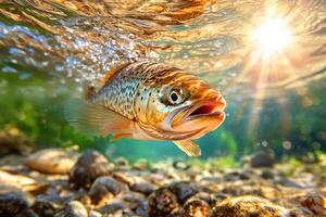 A fish swimming in the water with sunlight shining photo