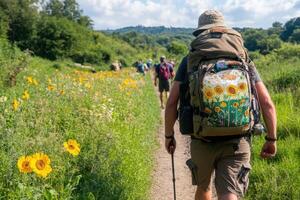 A man with a backpack walking through a field with sunflowers photo