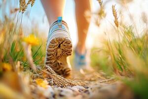 A person walking through tall grass with their shoes on photo