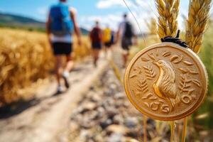 A gold medal is in the middle of a field photo
