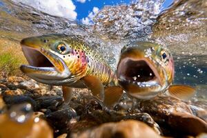 Two rainbow trout fish swimming in the water photo