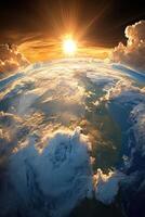 The earth is seen from space with the sun rising photo
