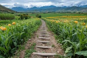 A wooden path leads through a field of flowers photo