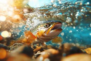 A brown trout is swimming in the water photo