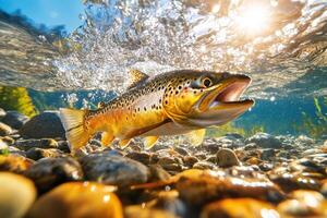 A brown trout is swimming in the water photo