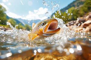 A fish jumping out of the water with its mouth open photo