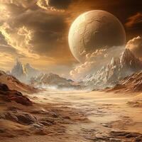 An alien landscape with mountains and a large planet photo
