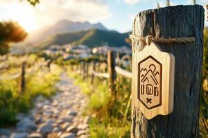A wooden sign on a wooden post in the middle of a field photo