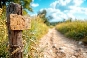 A wooden sign on a dirt road in the middle of a field photo