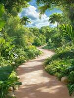A path through a tropical jungle with lush plants and trees photo