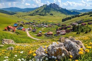 A small village in the mountains with flowers and grass photo