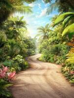 A dirt road in the jungle with tropical plants photo
