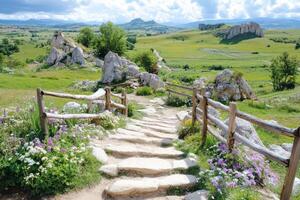 Beautiful landscape with stone steps and flowers in the mountains photo