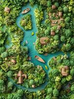 An aerial view of a tropical island with houses and trees photo