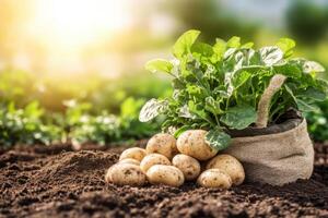 Potatoes in a sack on the ground photo