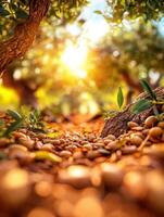Olive grove with sun rays and green leaves photo