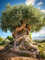 An old olive tree in the middle of a field photo