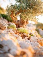An olive tree growing on rocks in the sun photo