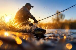 A man is fishing with a fish in the water photo
