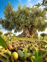 An olive tree is growing in the middle of a field photo