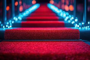 Red carpet on the stairs with metal railings and neon lighting. Concept of a music or film festival. Generated by artificial intelligence photo