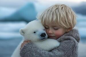 A little boy tenderly hugs a polar bear cub against the backdrop of ice and snow. Generated by artificial intelligence photo