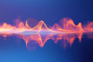 Waveform of sound spreading on blue banner background. Podcast or recording studio background. Generated by artificial intelligence photo