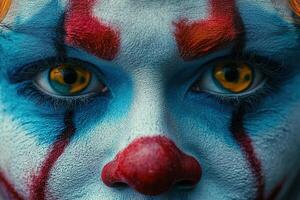 Close-up portrait of a scary clown. Circus Day, April Fools' Day, Halloween. Generated by artificial intelligence photo
