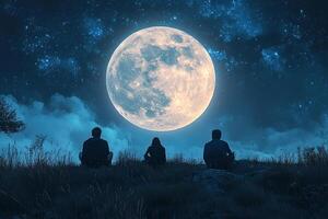 Two men and one woman watch a huge moon in the sky at night. Generated by artificial intelligence photo
