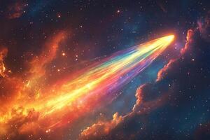 A bright flying object in the form of a comet or meteor in space. Generated by artificial intelligence photo