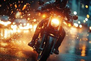 Motorcyclist in motion in the city against golden bokeh background. Generated by artificial intelligence. photo