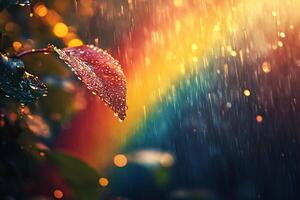 Blurred raindrops creating a rainbow bokeh effect with a blurred green background and young leaves. Generated by artificial intelligence photo