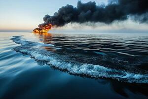 Fire and black smoke on the surface of the water. Fuel and oil fire on water. The concept of ecology and environmental pollution photo