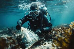 A man in a diving suit and mask collects trash from the bottom of a reservoir in a bag. Generated by artificial intelligence photo