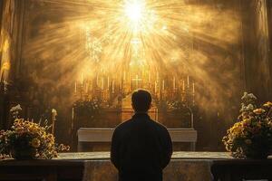 A priest in a black cassock stands before an altar bathed in sunlight. The concept of church and religion. photo
