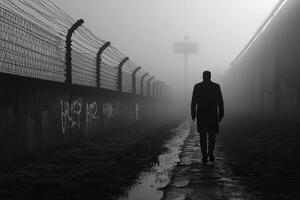 A dark silhouette of a man walking along a concentration camp with barbed wire. Holocaust. Generated by artificial intelligence photo