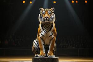 A beautiful adult tiger sits on a pedestal in a circus arena under the rays of a spotlight. A tiger in a circus full of spectators in the background. photo