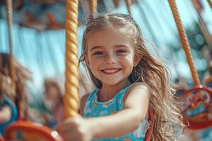 Happy children smiling in an amusement park with carousels in the background. Generated by artificial intelligence photo