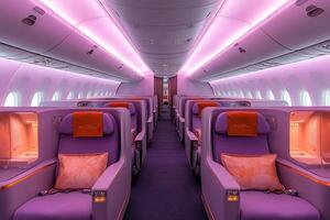 Luxurious interior of an empty airplane cabin in business class. Comfortable seats with pillows in the airplane. photo