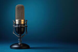 Professional microphone with golden mesh stands on blue table surface. Broadcasting concept. Blue background with space for text. Generated by artificial intelligence photo