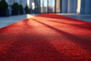 Close-up of red carpet illuminated by sun at hotel entrance. Generated by artificial intelligence photo