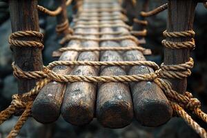 Close-up of the wooden suspension bridge structure. Generated by artificial intelligence photo